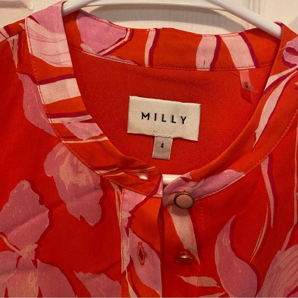 MILLY Reina Parrot Tulip Dress – Coral Multi / Red & Pink Floral Print - Picture 5 of 11